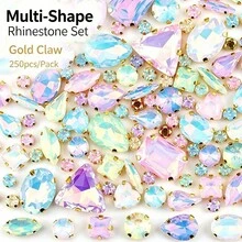 250pcs/Pack, Assorted Shapes, Multi-Color Rhinestones, Colorful Hand-Sewn Crystals, Gold Claw, Clothing, Apparel, Shoes, Hats, Bags DIY Materials, Accessories - Assorted Shapes Gold Claw 250pcs - View 4