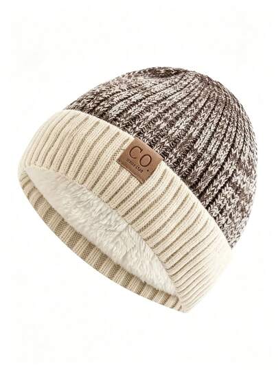 1pc Unisex CO Leather Patch Mixed Color Contrast Ribbed Knit Beanie, Thermal Lined Thick Warm Ear Protection Cold-Proof Casual Versatile Knit Hat For Autumn Winter Outdoor Skiing Commuting