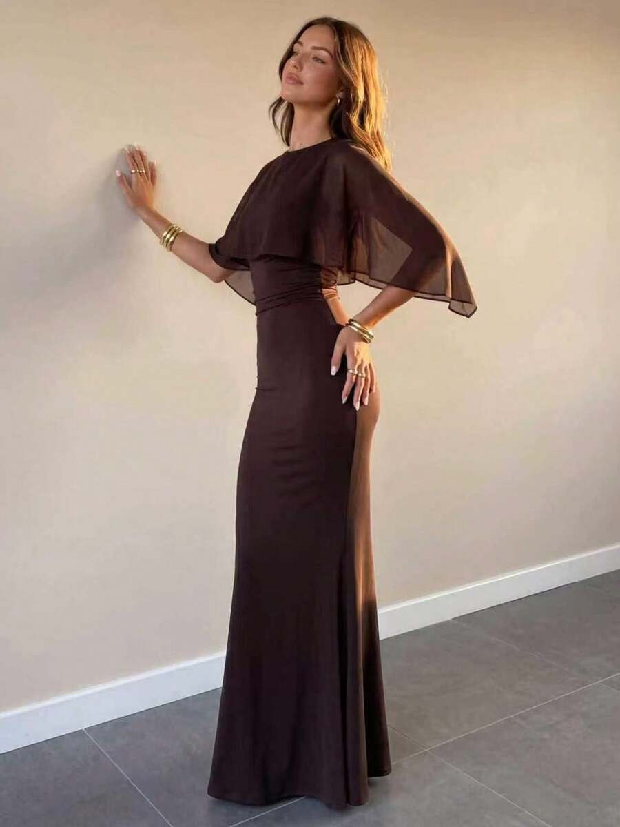 Women's Round Neck Chiffon Long Pencil Skirt Elegant Summer Set, Suitable For Wedding Party, Outing And Daily Commute - Brown - View 1