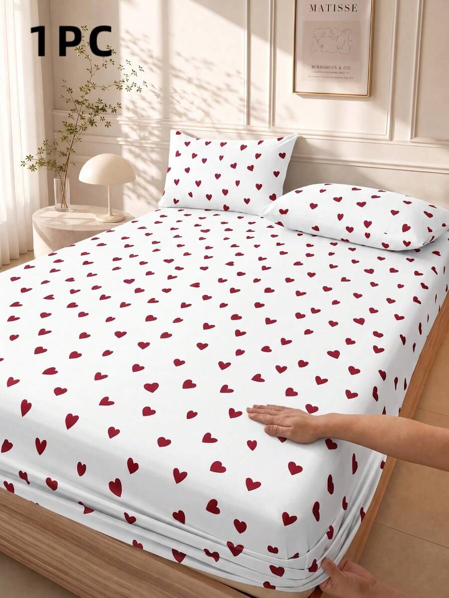1pc Minimalist Red & White Small Heart Pattern Fitted Sheet, Modern Fashion Mattress Protector, Soft & Breathable, -Twin, Full, Queen, King, Deep Pocket Design Up To 11.8 Inches, Machine Washable. Back To School, Dorm Essentials - Red and White - View 1
