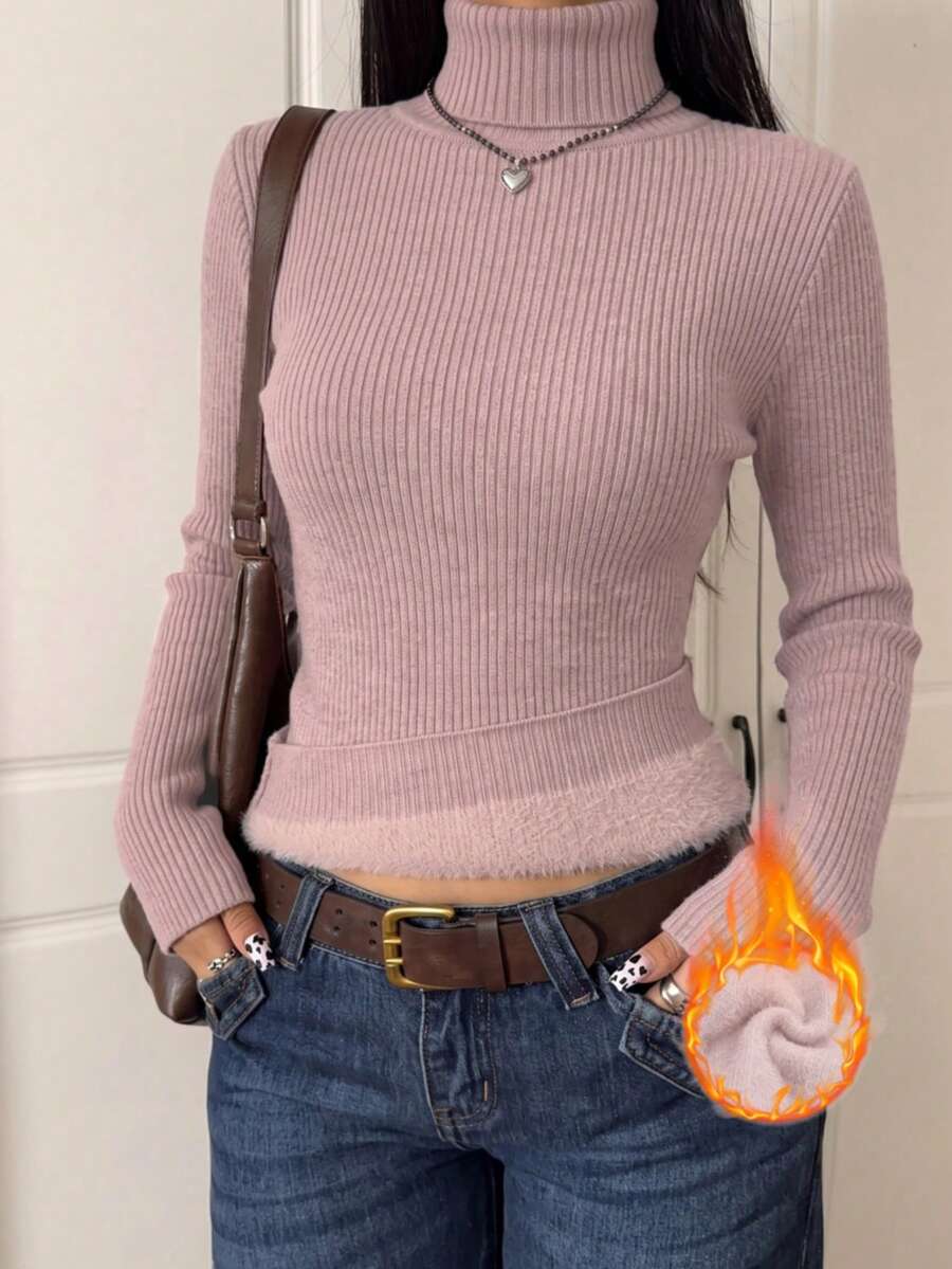 Women's Casual Solid Color High Neck Ribbed Knit Sweater, Built-In Warm Fleece Lining, Slim Fit Top, Autumn/Winter Essential - Bean Paste Pink - View 1