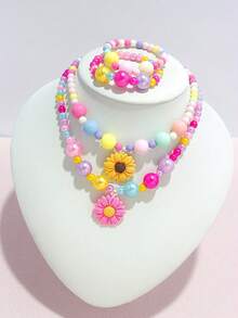 8pcs Perhiasan Anak-Anak, Set Kalung & Gelang Manik-manik Warna-warni dengan Liontin Bunga Daisy Lucu, Cocok untuk Aksesoris Anak Perempuan, Pakaian Sehari-hari, Pesta, Hadiah Ulang Tahun, Warna Acak - MultiWarna - View 5