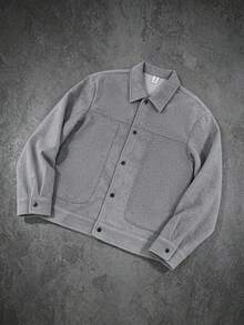 Chaqueta de mezcla de lana para hombre otoño/invierno con cuello de camisa, frente abierto, manga larga, unicolor, top de moda - Gris - Ver 2