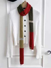 1PC Color Block Knit Slim Neck Scarf, Red Green Yellow Contrast Fringe Trim Small Scarf, Warm Neck Wrap For Street Outfit Holiday - Multicolor - View 5
