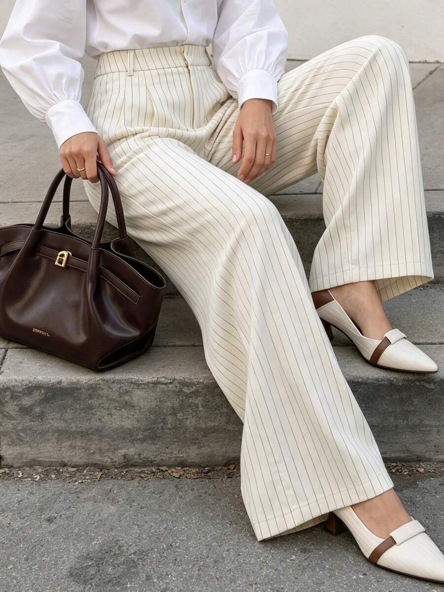 Women Fall Pinstripe Wide Leg Suit Pants High Waist Pleated Back Elastic Waistband Office Trousers With Pockets - Apricot - View 1