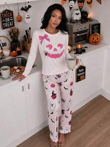 Sweet Style Halloween Theme Long Sleeve Pajama Set For Women, Round Neck Bow Pumpkin Smile Print Short Top, Wavy Ruffle Cuffs And Hem, Long Pants With All-Over Ghost Bat Spider Web Pattern, Skin-Friendly Elastic Fabric, Home And Holiday Wear 2-Piece Set - Pink - View 6