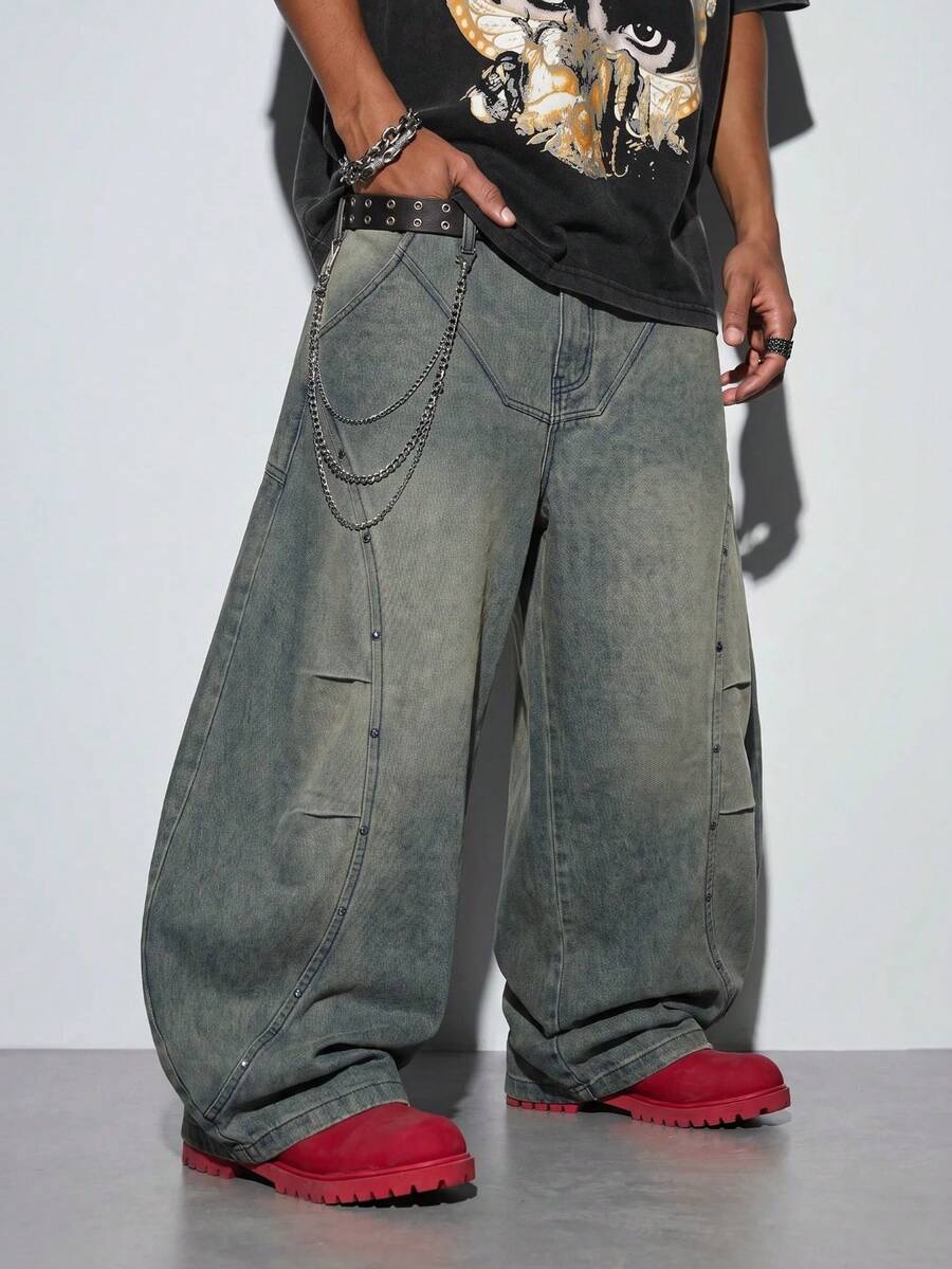 Modcrash Justice Brother 1pc Japanese Style Casual Men's Denim Cocoon Pants, Versatile Personalized Beaded Washed Fashion Wide Leg Loose Long Pants Fall/Autumn/Winter - Blue - View 1