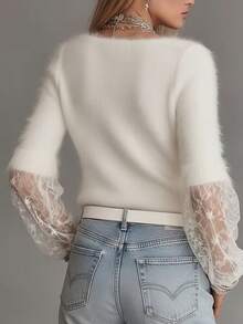 Sweater Rajut Lembut Lengan Panjang Wanita, Lengan dengan Hiasan Renda Elegan - Putih - View 2