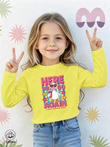 Girls Cotton Raglan Long Sleeve Tee For Fall Winter, Cartoon Duck Print With Stars, Cute Sweet Preppy Style - Bright Yellow - View 2
