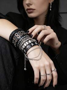 Xiacheng 1/3/4 Pcs Punk Rock Studded Bracelet, Biker Cuff | Black Leather, Adjustable Leather Cuff,Y2K Gothic, Wrap Bangle, Snap Button Gift For Halloween - Multicolor - View 2