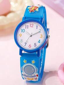 4pcs/Set Space Astronaut Children's Quartz Watch, Cartoon Silicone Strap, Elementary School Boys Fun Time Cognition Wristwatch Gift. Holiday Gift, Birthday Gift, Christmas Gift And Other Accessories - White - View 2
