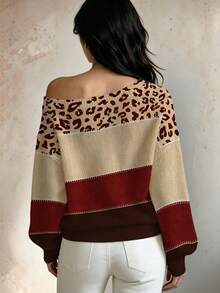 Women's Autumn Leopard Print Colorblock Knit Long Sleeve Pullover Sweater, Off-Shoulder Lantern Sleeve, Lazy Casual Multi-Occasion Outfit - Multicolor - View 4