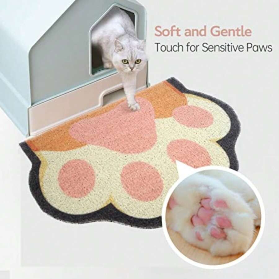 Cute Cat Litter Mat, Cat Litter Box Mat, Soft Touch, Easy To Clean, Non-Slip, Pet Supplies, White Paw Print - Multicolor - View 1