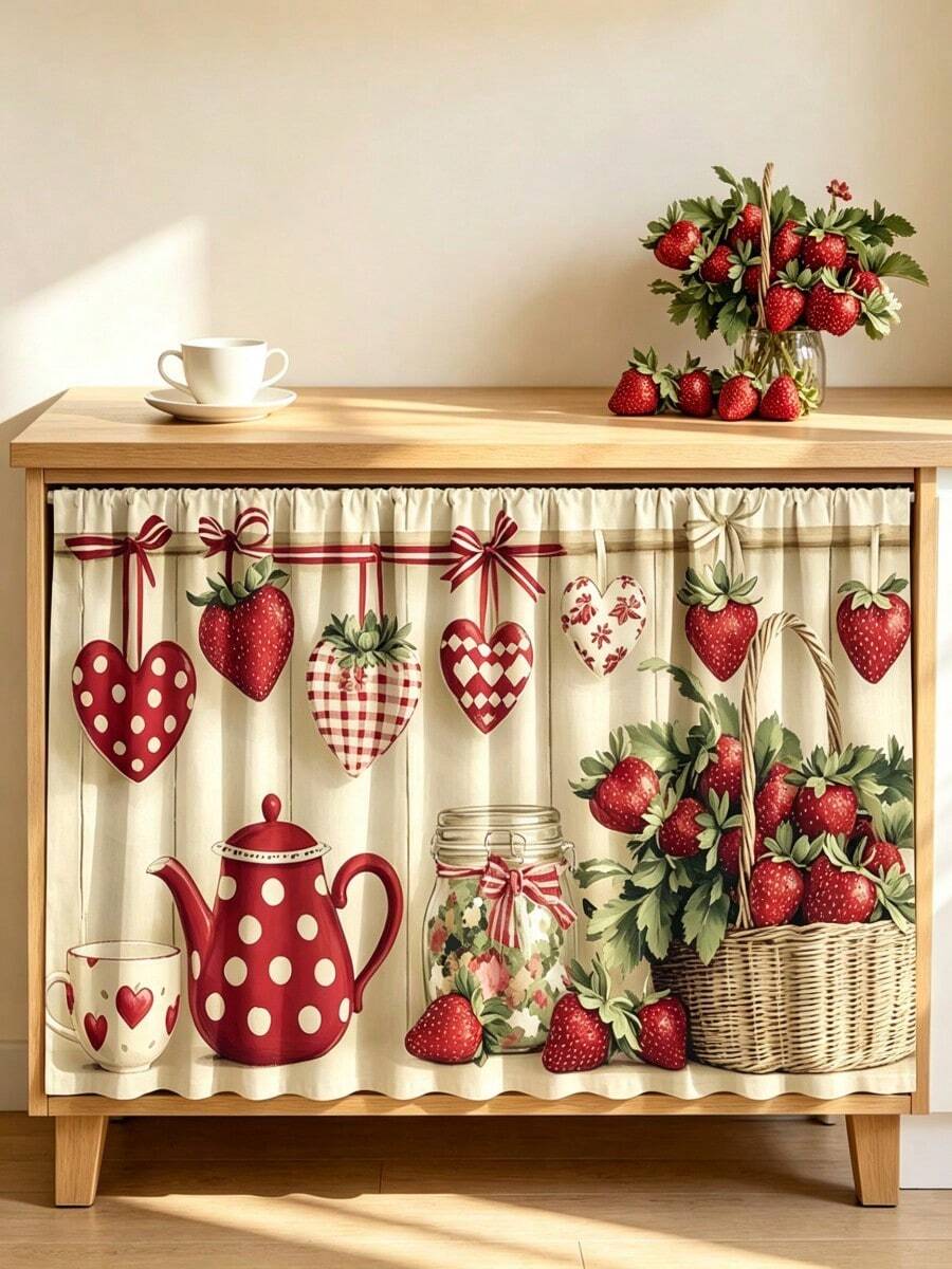 1pc Sweet Strawberry Decor Pattern Cabinet Curtain & Home Decor, Rod Pocket Curtain, Machine Washable Polyester Material, Featuring Strawberry Basket And Heart Pattern, Polyester Material, Perfect Choice For Laundry Room And Kitchen Storage Shelf Decoration Gift, Suitable For Kitchen, Living Room, Game Room - Multi-Size Dust-Proof Curtain, Kitchen Theme Decor Kitchen Valve, Suitable For Use As Short Cabinet Curtain Table Skirt, Kitchen Curtain - Multicolor - View 1