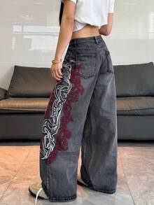 1件女款寬鬆刺繡寬腿牛仔褲，舒適休閒高街時尚長褲（不含腰帶/配件）春季黑色秋季 - 黑色 - 查看 5