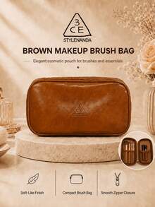 3CE Brown Makeup Brush Bag 18*10cm, Synthetic Leather, Smooth Zipper Compartment With Inner Pocket, Perfect For Storing Makeup Brushes, Suitable For Home And Travel - Rust Brown - View 2