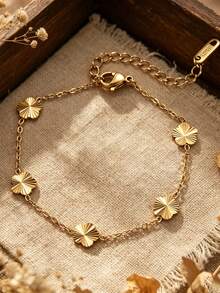 1pc 9mm Stainless Steel Luxury Fashion 18K Gold Plated Five-Leaf Flower Mini Bracelet For Women, Delicate Daily Wear Gift - Floral Bracelet - View 6