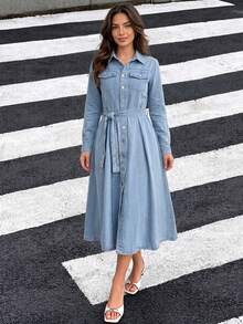 Women's Casual Denim Dress, Shirt Collar Long Sleeve Short Design With Pockets - Medium Wash - View 6
