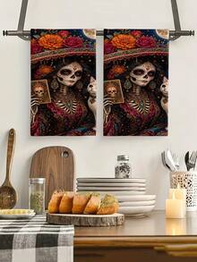 2pcs/4pcs Colorful Sugar Skull Towels, Paper Cut Bunting Candle Floral Print, Soft Absorbent Microfiber, Bathroom Kitchen Holiday Decor Gift - Multicolor - View 7