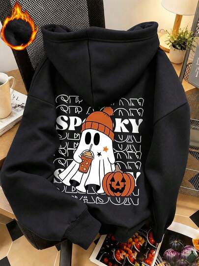 ZZG Es Trus, Autumn And Winter Women's "Halloween Ghost" Pattern Printed Street Fashion Korean Version Comfortable Y2k Clothing Black Hooded Sweatshirt