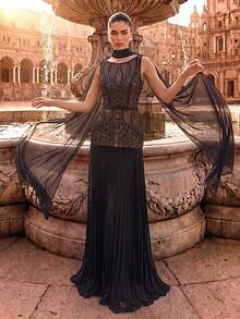 Women's Elegant Romantic Charming Round Neck Formal Evening Gown, Mesh & Sequin Patchwork, Suitable For Ball, Wedding Guest, Cocktail Party, Grand Banquet - Black - View 8