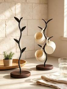 1Pc Black Leaf‑Shaped Tabletop Display Stand, Minimalist Farmhouse Style Wood Material Curved Twig Shape Multi‑Hook Leaf Design Multifunctional Mug Jewelry Holder For Kitchen Home Decor Daily All‑Season Use - Multicolor - View 7