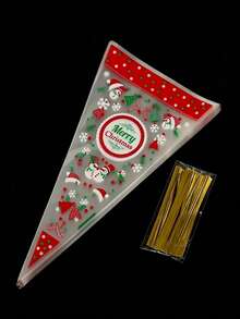 100 Christmas Cone Bags Featuring Snowman And Christmas Tree Designs, Including Cellophane And Ribbon, Perfect For Party Gifts And Holiday Packaging - Multicolor - View 1