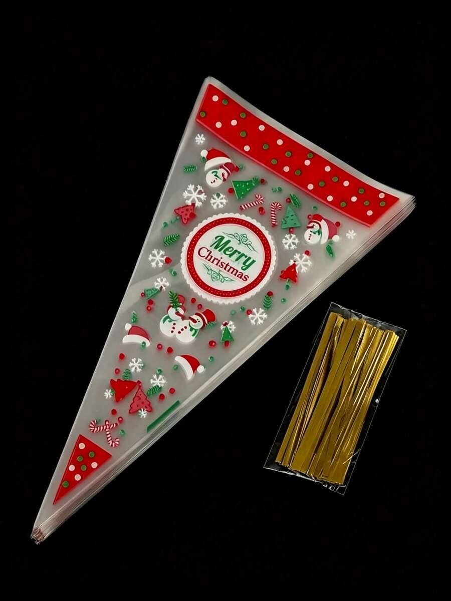 100 Christmas Cone Bags Featuring Snowman And Christmas Tree Designs, Including Cellophane And Ribbon, Perfect For Party Gifts And Holiday Packaging - Multicolor - View 1