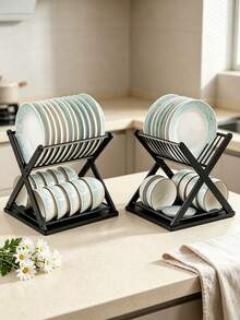 X‑Shaped Double‑Layer Dish Drying Rack, Multi‑Functional Plastic Dish Organizer, Sink Countertop Bowl Plate Drain Storage Rack For Home Kitchen Utensils Organization - Multiple Styles - View 2