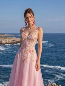 Anymoon Women's Ruched Bust Floral Embroidered Contrast Mesh High Waist Long Evening Gown - Pink - View 6