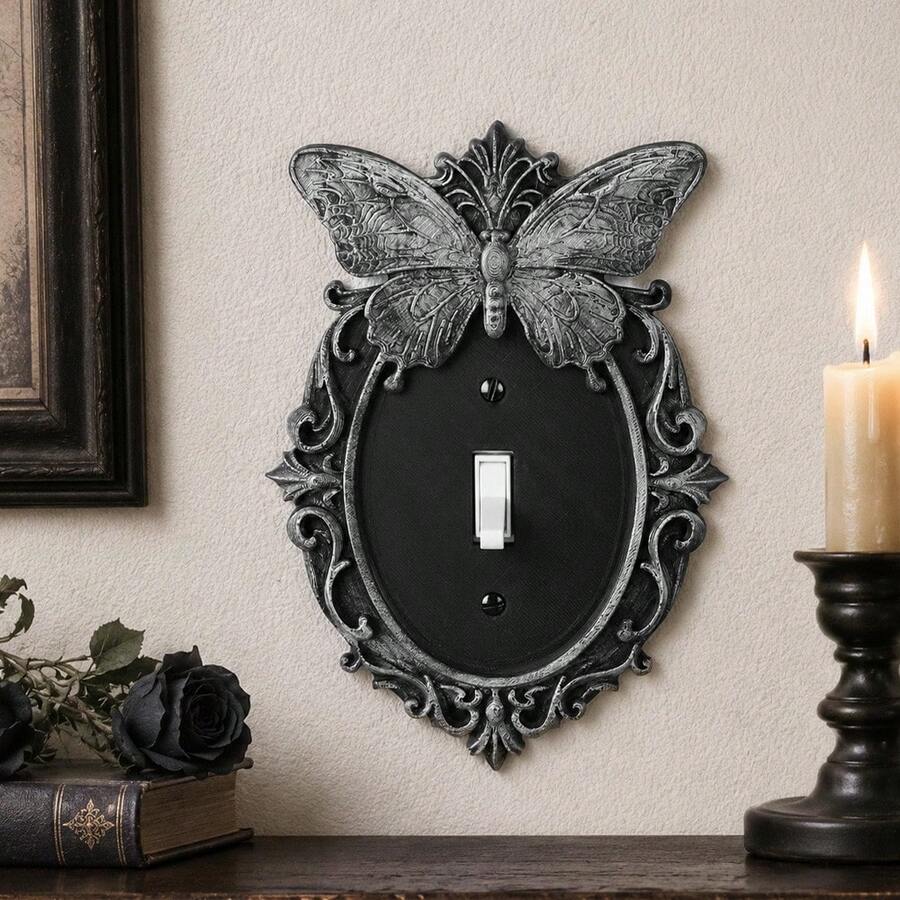 1PC 3D Printed Premium Plastic Gothic Butterfly Light Switch Plate, Dark Vintage Frame Decorative Switch Panel, Halloween Home Atmosphere Switch Sticker Suitable For Entryway, Study Room Decor - Black Silver - View 1