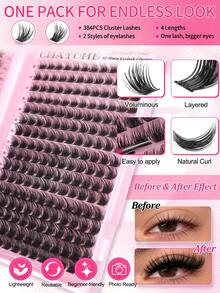 320/384pcs Of D-Type Curly Eyelash Clusters,With Simulated Mink Fur Texture And Natural Eyelash Clusters Available In Manga Style,With Elongated Eye Tails And Enlarged Eyes In Various Styles. Soft Eyelash Self-Adhesive Set,Eyelashes Can Be Reused. - Pink - View 6