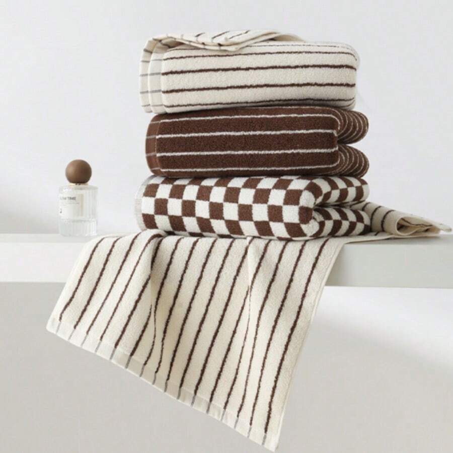 3pcs Set White Base Brown Stripes/Brown Base White Stripes/Brown Checkered 100% Pure Cotton Face Towel Set, Minimalist Skin-Friendly Soft Absorbent, 34*74cm, Home/Bathroom/Gym/Travel - Multicolor - View 1