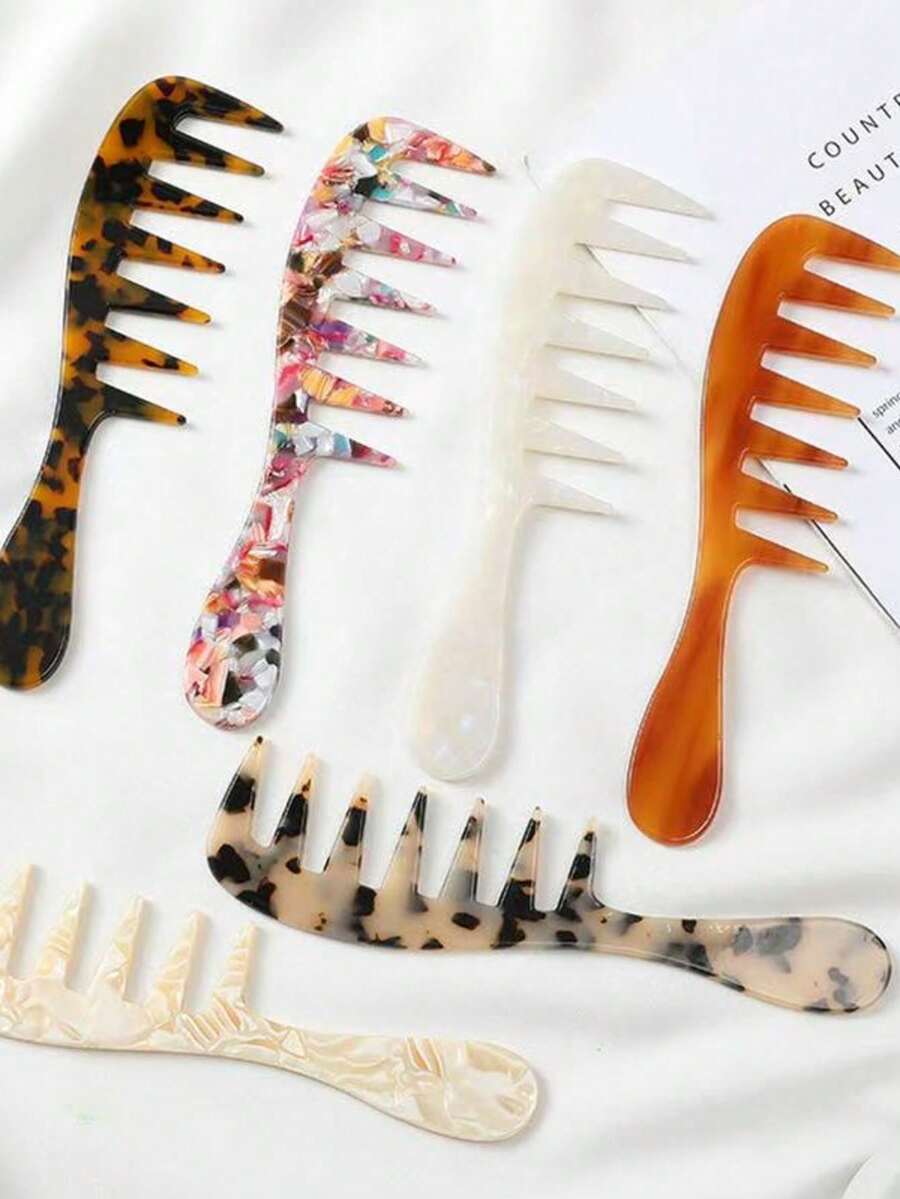 1pc Fashion Minimalist Acrylic Marble Leopard Print Wide Tooth Long Handle Anti-Static Lightweight Portable Hair Comb, Hair Accessory - Multicolor - View 1