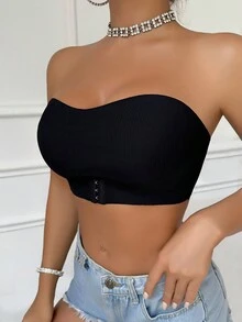 Black Ribbed Front-Clasp Bandeau Bra, One-Shoulder Bandeau Top, Front Hook Design, Removable Inserts - Multicolor - View 4