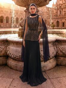Women's Elegant Romantic Charming Round Neck Formal Evening Gown, Mesh & Sequin Patchwork, Suitable For Ball, Wedding Guest, Cocktail Party, Grand Banquet - Black - View 6