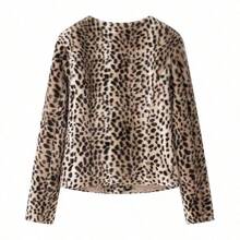 Women's Leopard Print Faux Fur Jacket, Fluffy Crop Top For Autumn/Winter, Halloween Party Outfit - Leopard - View 4