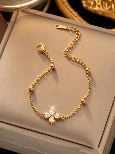 VceTd 1PC Fashion Elegant Stainless Steel Chain Bracelet With Glass Inlaid Four-Leaf Clover Decoration, Suitable For Women's Daily Wear, Holiday Wear Or Gift Giving