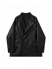 Women's Black Crocodile Pattern Double-Breasted Blazer With Pockets, Fashionable And Versatile - Black - View 6