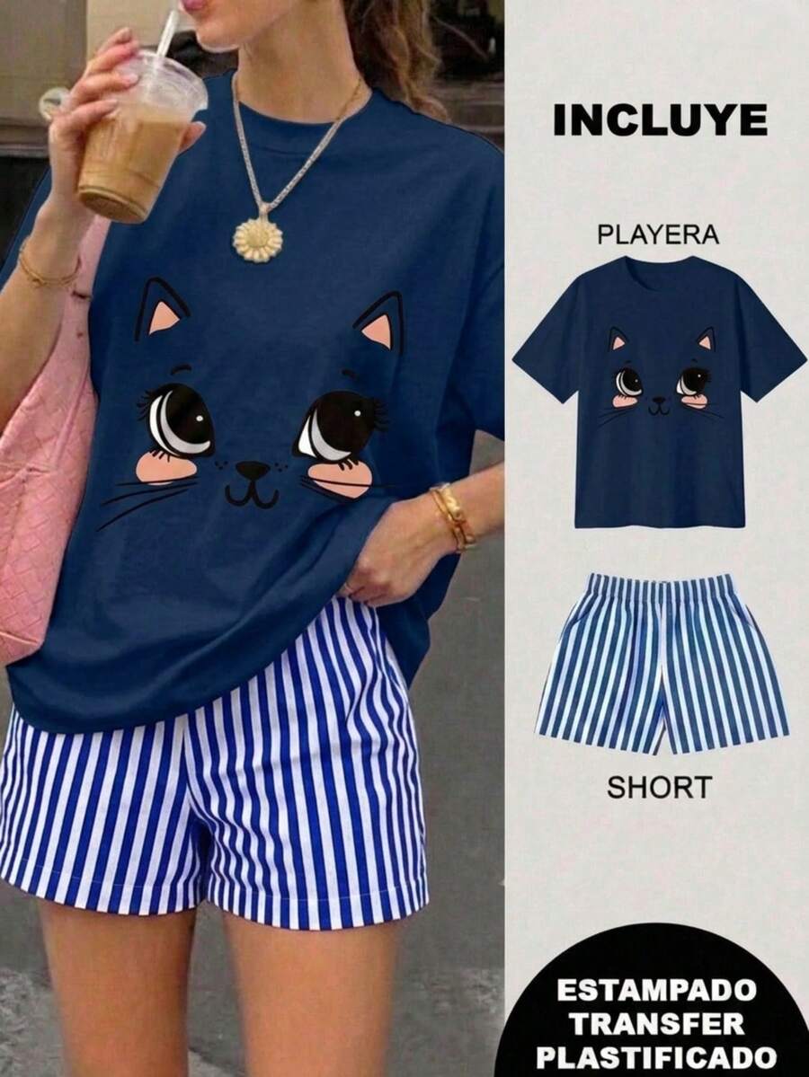 Women Two-Piece Outfits - 2 Navy Blue T-shirt With Navy Blue and White Striped Shorts - View 1