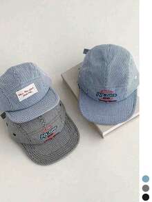 1pc Fresh Letter Patch Striped Flat Brim Peaked Cap, New Fresh Striped Baseball Hat For Women, Fashion Flat Brim 5-Panel Cap, Sun Protection, Face-Slimming Cap, Atmosphere, Unisex Spring/Summer Sun Hat - Multicolor - View 2