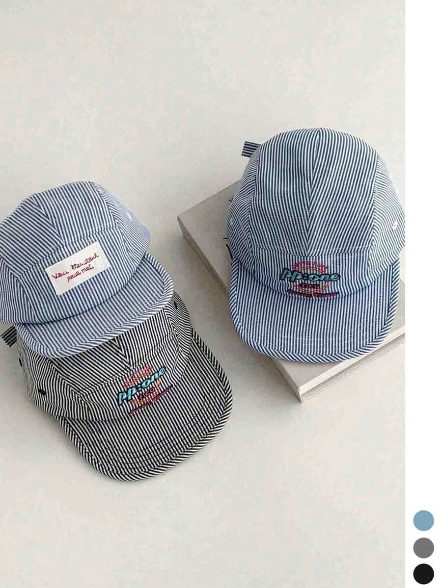 1pc Fresh Letter Patch Striped Flat Brim Peaked Cap, New Fresh Striped Baseball Hat For Women, Fashion Flat Brim 5-Panel Cap, Sun Protection, Face-Slimming Cap, Atmosphere, Unisex Spring/Summer Sun Hat
