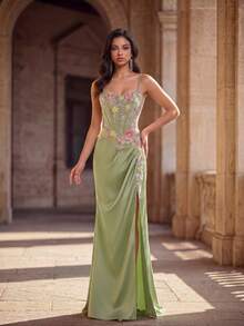Anymoon Women's Floral Embroidered Pleated Elegant Spaghetti Strap Evening Gown - Green - View 3