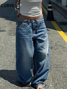 Plus Size Retro Casual Loose Straight Leg Denim Maxi Pants, Fashion & Versatile Spring Fall - Dark Wash - View 5
