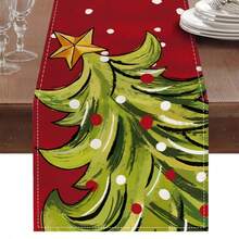 1pc Christmas Tree Table Runner, Red Background Hand-Painted Christmas Tree With Gold Stars And Red & White Polka Dot Print, Holiday Table Home Decor, Accessories Not Included - Multicolor - View 1
