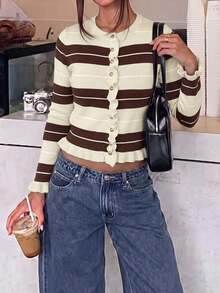Women's Autumn/Winter Casual Elegant Blue Striped Contrast Color Metal Button Ruffle Trim Knit Long Sleeve Cardigan Sweater, Back To School Season - Light Yellow - View 4