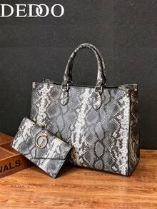 Dedoo 2pcs Set Fashion Hot Selling New Python Skin Pattern Handbag Combo, Large Capacity, Scratch-Resistant And Waterproof Material, Suitable For Travel, Daily Shopping, Handbag And Other Occasions - Multicolor - View 2