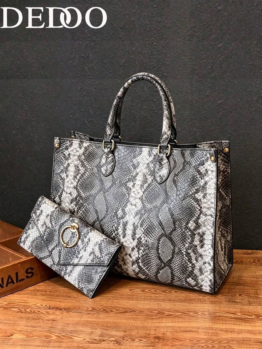 Dedoo 2pcs Set Fashion Hot Selling New Python Skin Pattern Handbag Combo, Large Capacity, Scratch-Resistant And Waterproof Material, Suitable For Travel, Daily Shopping, Handbag And Other Occasions