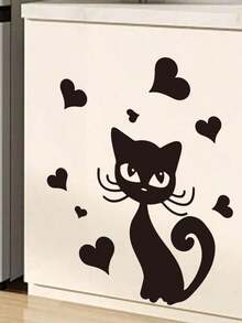 Cute Black Cat Heart-Shaped Wall Decal, Removable Vinyl Wall Sticker, Cartoon Pet Cat Children's Mural For Bedroom, Refrigerator, Cabinet, Home DIY Decor - D - View 3
