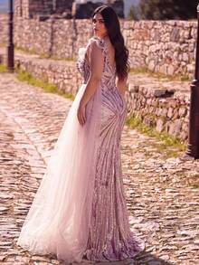 Haute Glamour Plus Plus Size Glamorous One-Shoulder Ruffle Slit Thigh Beaded Formal Dress & Evening Gown - Mauve Purple - View 3